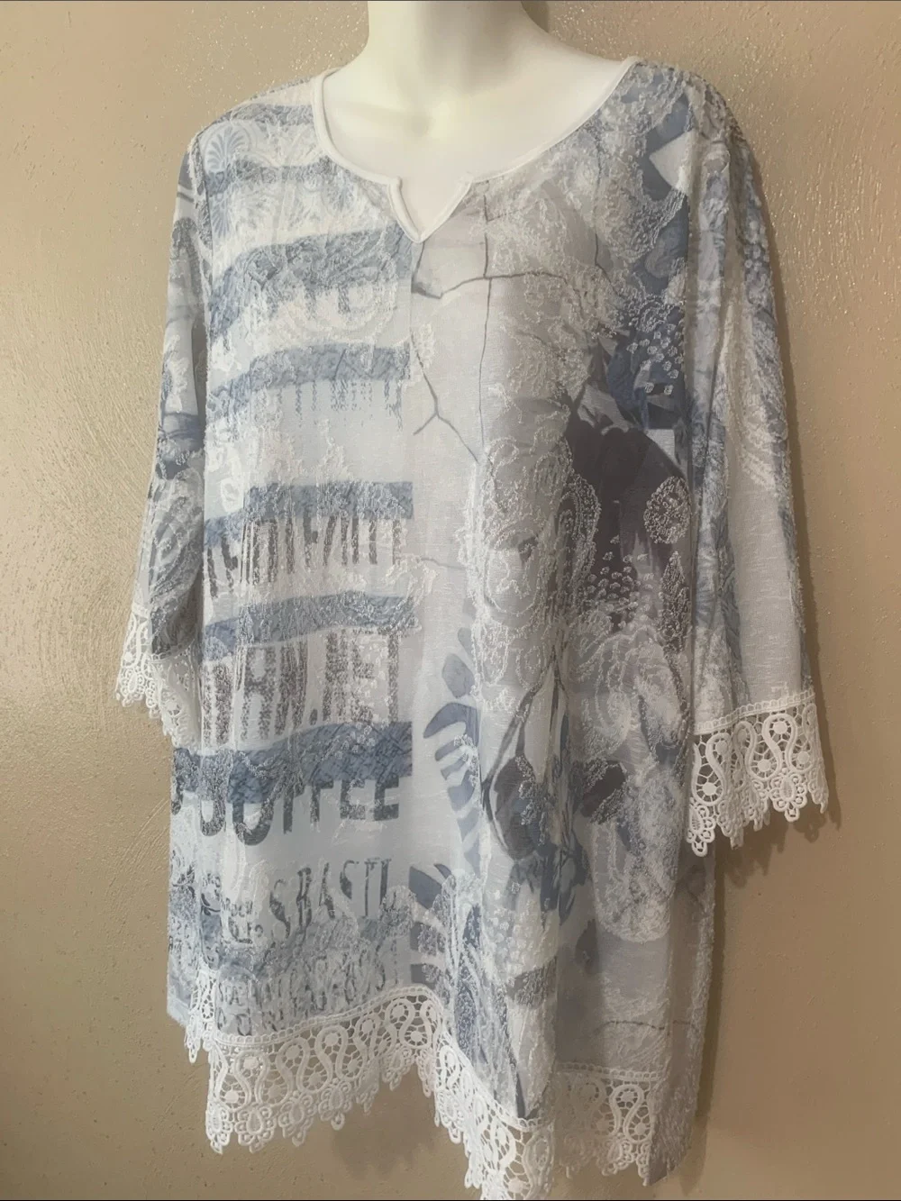 Picadilly size XXL Lace-Trim Light Blue & White Printed Tunic Top